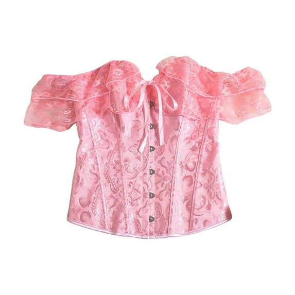Hvyesh Women Floral Lace Off Shoulder Corset Top Lace Sleeve Lace Up Overbust Boned Bustier Lingerie Waist Trainer Bodyshaper Pink