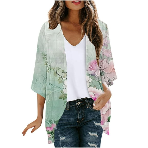 Hvyesh Women Floral Print Lightweight Summer Casual Kimono Cardigan 3/4 Sleeve Loose Beach Wear Boho Cover Up Blouse Top