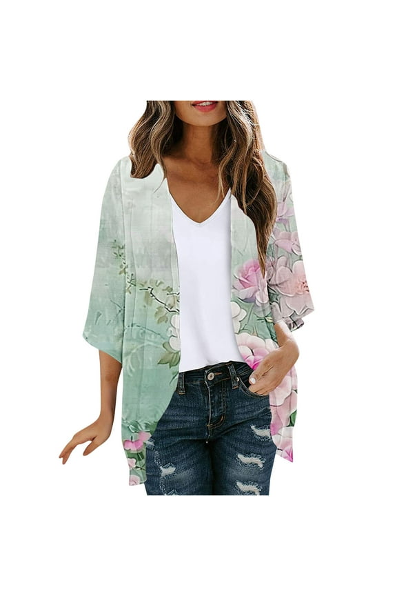Women Floral Print Lightweight Summer Casual Kimono Cardigan 3/4 Sleeve Loose Beach Wear Boho Cover Up Blouse Top