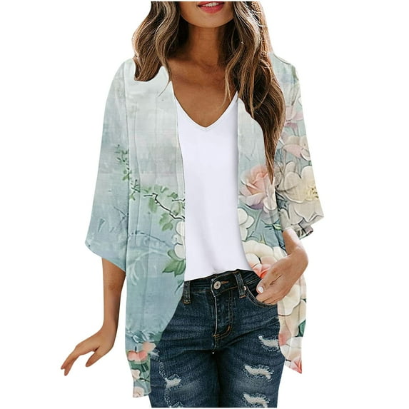 Hvyesh Women Floral Print Lightweight Summer Casual Kimono Cardigan 3/4 Sleeve Loose Beach Wear Boho Cover Up Blouse Top