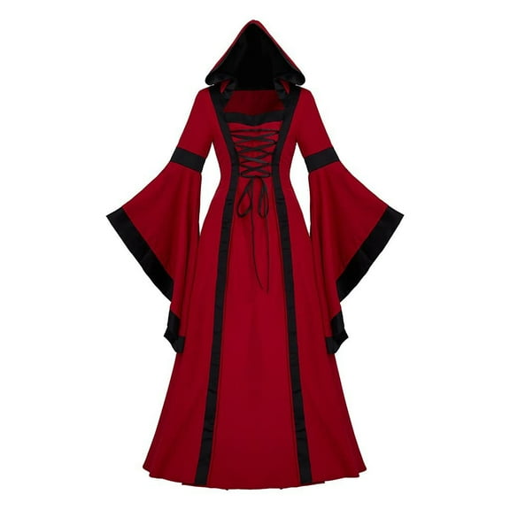 Hvyesh Women Hooded Witch Dress Vintage Gothic Lace Up Trumpet Sleeve Long Dress Renaissance Hooded Vampire Gown Halloween Christmas Custume