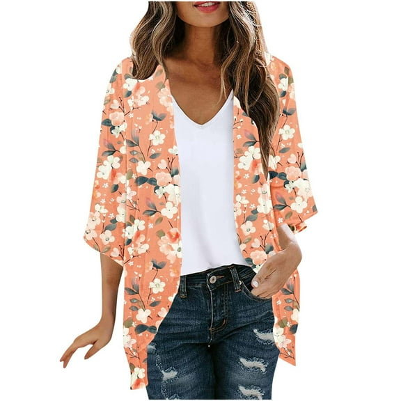 Hvyesh Women Kimono Cardigans Casual Summer 3/4 Sleeve Chiffon Blouses Tops Cover up Open Front Floral Print Resort Wear