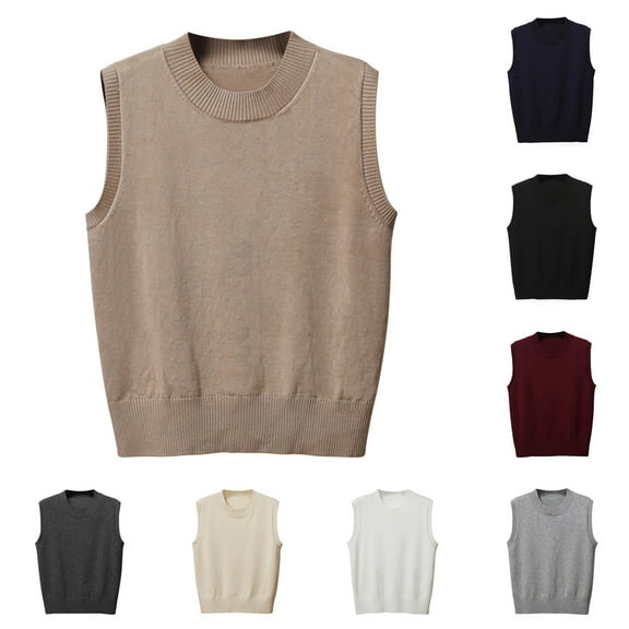 Hvyesh Women Knitted Cotton Vest Solid JK Uniform Pullover Sleeveless Sweater Crew Neck Crop Knitwear Tank Top Khaki