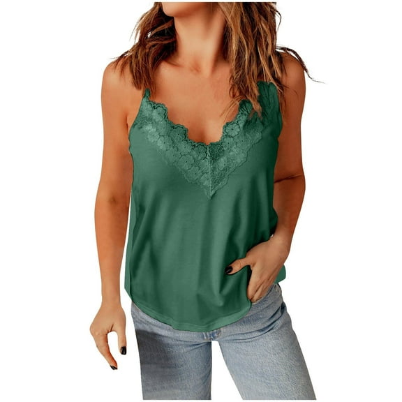 Hvyesh Women Lace Trim Tank Tops V Neck Casual Sleeveless Blouse Lightweight Cami Top Adjustable Spaghetti Strap Camisole