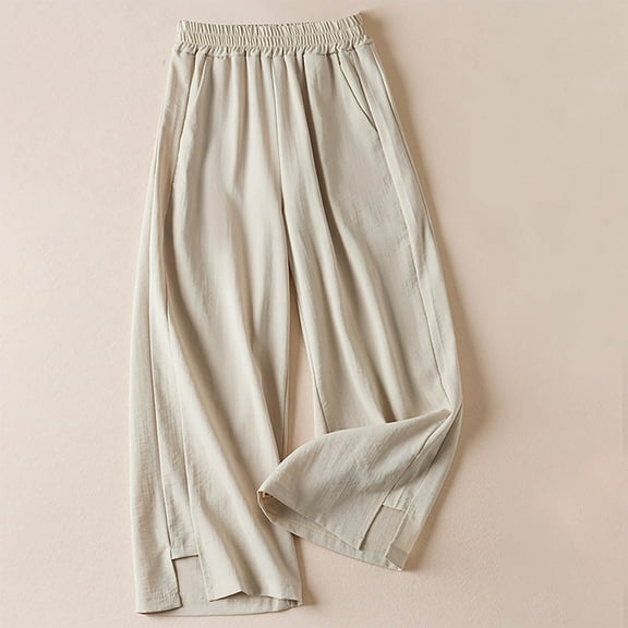 Hvyesh Women Linen Pants Wide Leg Elastic High Waisted Palazzo Trousers Casual Loose Beach Vacation Clothes with Pockets