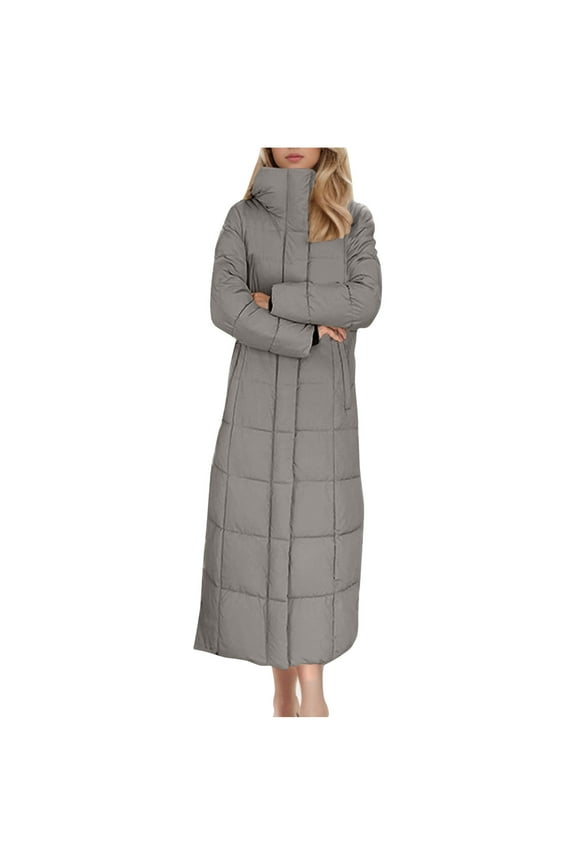 Women Long Quilted Coat Trendy Stand Collar Maxi Length Padded Jacket Long Sleeve Puffer Jacket Casual Winter Coat Outerwear