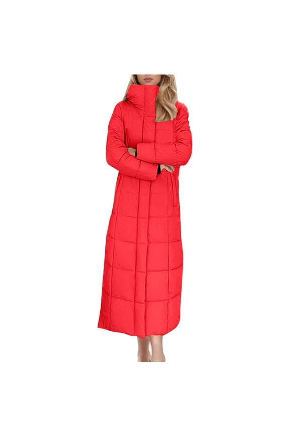 Women Long Quilted Coat Trendy Stand Collar Maxi Length Padded Jacket Long Sleeve Puffer Jacket Casual Winter Coat Outerwear