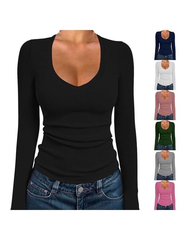 Women Long Sleeve Scop Neck Shirts Slim Fit Y2K Going Out Tshirts Casual Knit Work Top