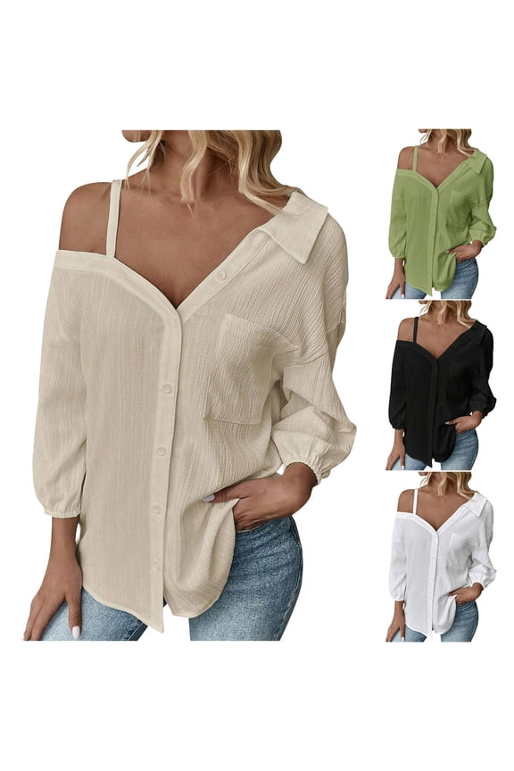 Women Long Sleeve Shirt Casual Button Down Tshirt Summer Cold Shoulder Tunic Tops Loose Fit Solid Color Beach Top