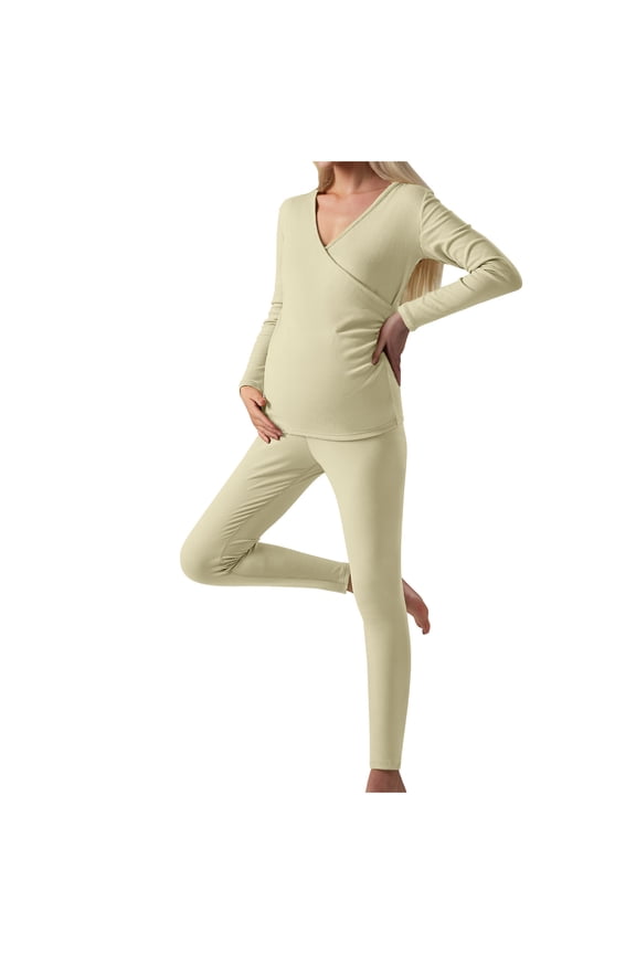 Women Maternity Pajamas Sets Soft Long Sleeve Wrap V Neck Tops Lounge Pants 2 Piece Set Women Breastfeeding Pajamas Set Maternal Sleepwear Set