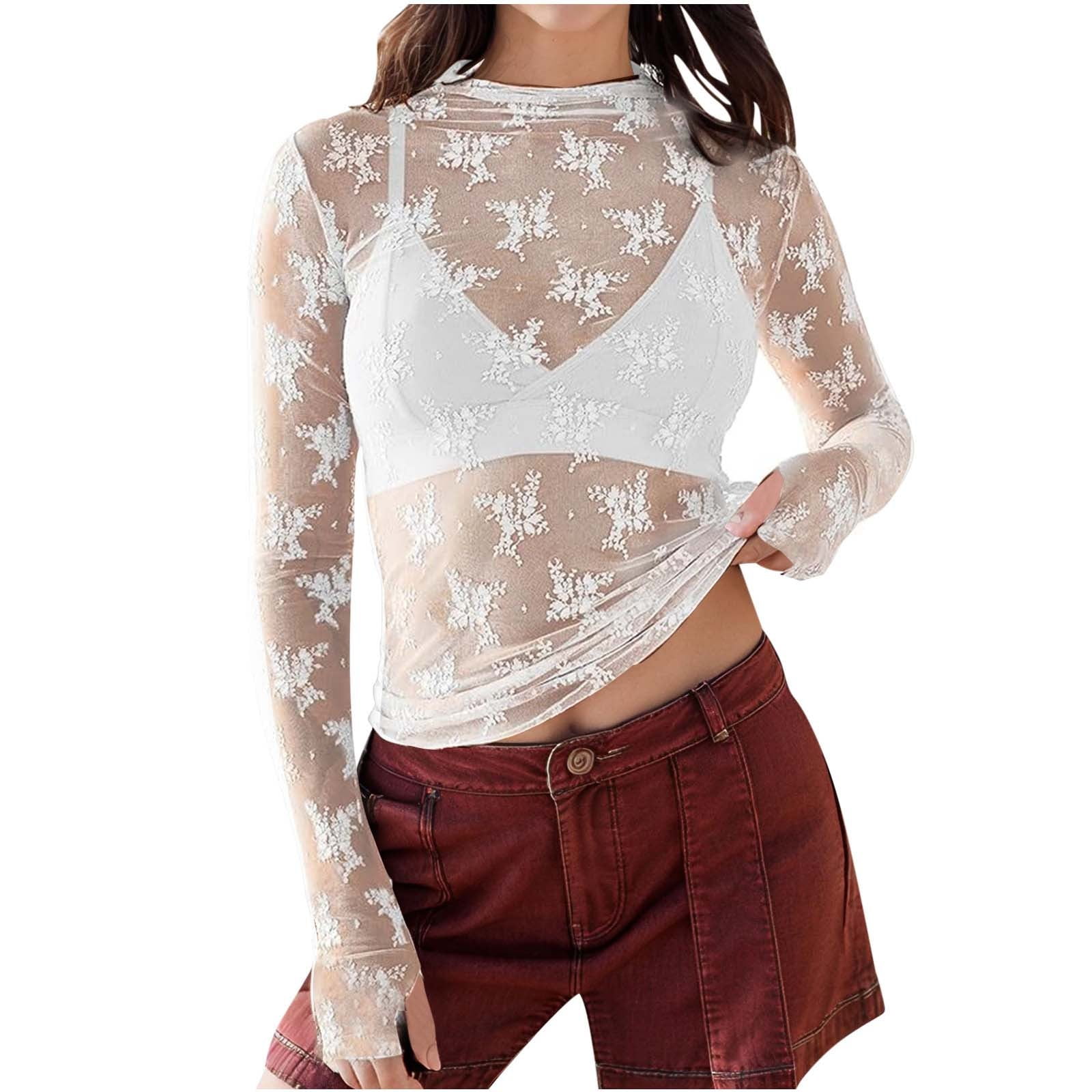 Hvyesh Women Mesh Tops Sexy Long Sleeve Mock Neck Sheer Blouse