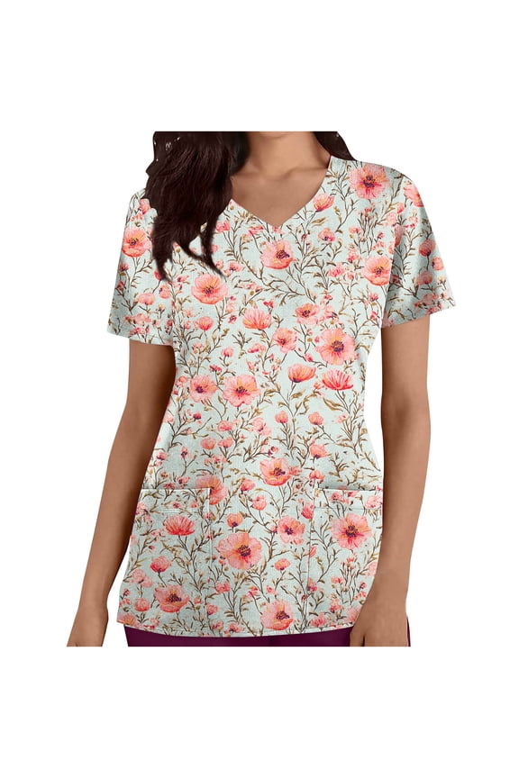Women Nursing Scrub Tops Cute Floral Printed Working Uniform V Neck Short Sleeve Workwear Scrub T-shirt with Pockets