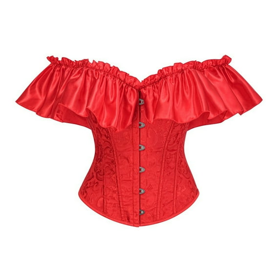 Hvyesh Women Off Shoulder Floral Corset Top with Lace Sleeve Boned Overbust Lace Up Bustier Lingerie Waist Trainer Costume Tops Red