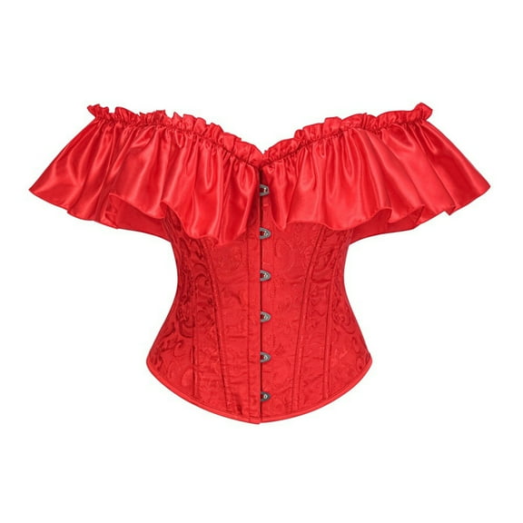 Hvyesh Women Off Shoulder Floral Corset Top with Lace Sleeve Boned Overbust Lace Up Bustier Lingerie Waist Trainer Costume Tops Red