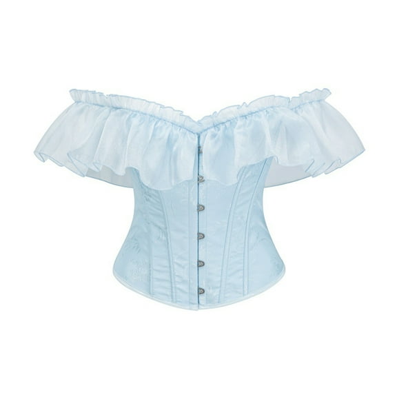 Hvyesh Women Off Shoulder Floral Corset Top with Lace Sleeve Boned Overbust Lace Up Bustier Lingerie Waist Trainer Costume Tops Sky Blue