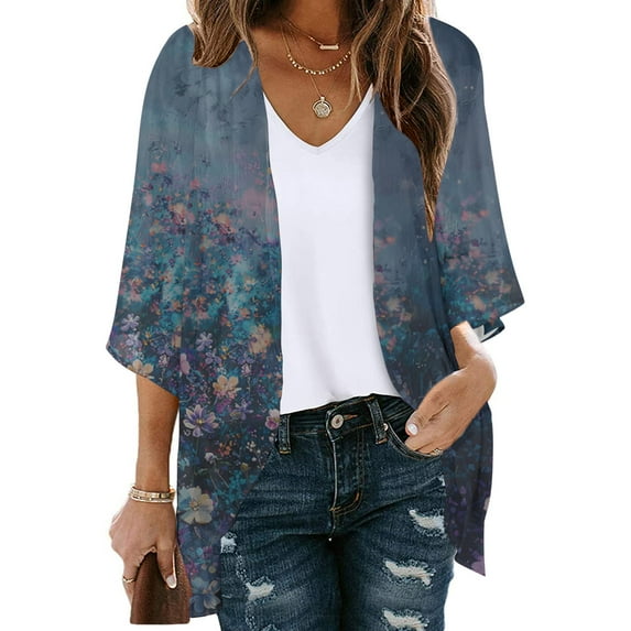 Hvyesh Women Open Front Cardigan Tops Floral Print Puff Sleeve Kimono Cardigan Loose Flowy Cover Up Casual Blouse Tops