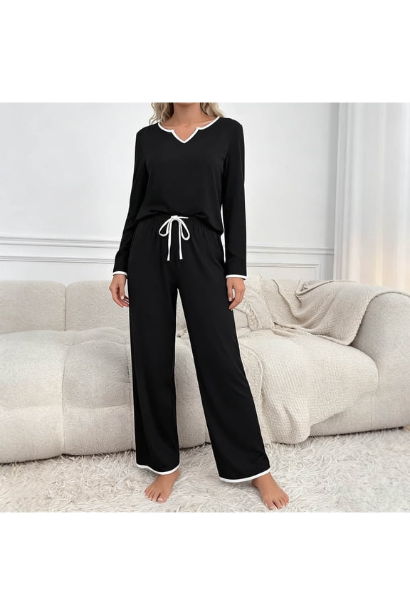 Women Pajama Set Long Sleeve V Neck Two Piece Loungewear With Drawstring Pants Relaxed Fit Sleepwear for Home or Travel
