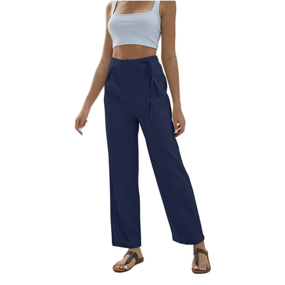 Hvyesh Women Plus Size Pants on,Women's Casual Wide Leg Pants Flowy Adjustable Tie Knot Elastic Waist Pants with Pockets