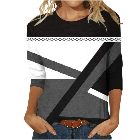 Hvyesh Women Plus Size Shirts Loose Fit 3/4 Sleeve Tunic Tops Trendy Geometric Print Three Quarter Length T-Shirt Blouse