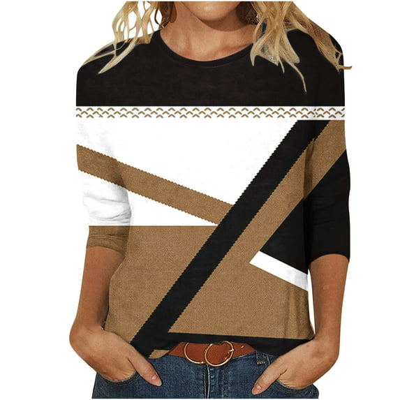 Hvyesh Women Plus Size Shirts Loose Fit 3/4 Sleeve Tunic Tops Trendy Geometric Print Three Quarter Length T-Shirt Blouse