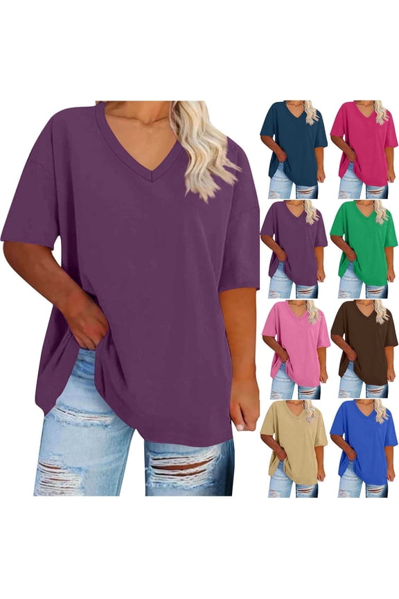 Women Plus Size Tshirt Summer V-Neck Short Sleeve T-shirt Lightweigt Solid Tunic Tops Loose Fit Blouse