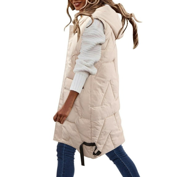 Hvyesh Women Puffer Hooded Vest Soft Sleeveless Long Quilted Vests Coat Warm Zip Up Snap Button Waistcoat Trendy Solid Long Coats Jacket with Pockets