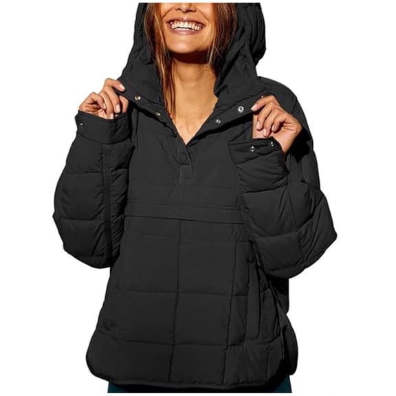 Hvyesh Women Pullover Puffer Jacket Quilted Lightweight Long Sleeve Black Outwear Casual Snap V Neck Puffer Coats Winter Warm Hoodie Padded Coat With Pocket
