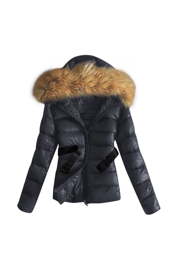 Women Quilted Jackets Dressy Faux Fur Hooded Puffer Coat Comfy Full Zipper Long Sleeve Padded Outwear Winter Coat Thermolite Outwear with Pockets