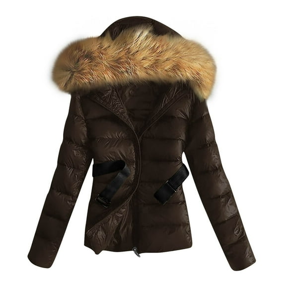 Hvyesh Women Quilted Jackets Dressy Faux Fur Hooded Puffer Coat Comfy Full Zipper Long Sleeve Padded Outwear Winter Coat Thermolite Outwear with Pockets