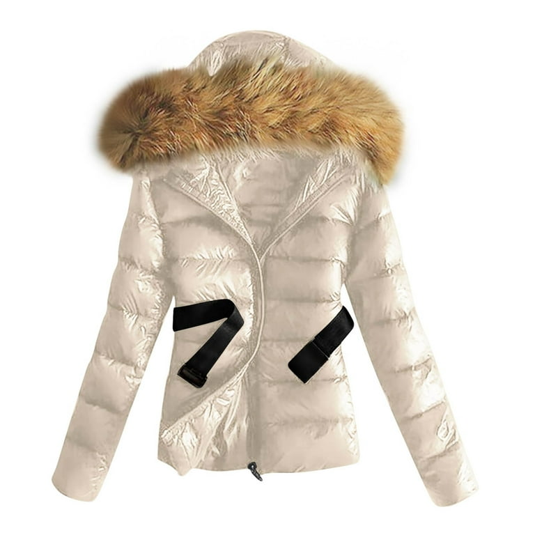 Hvyesh Women Quilted Jackets Dressy Faux Fur Hooded Puffer Coat
