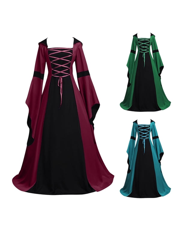 Women Renaissance Medieval Dress Irish Vintage Gothic Fairy Ball Gown Long Dress Lace Up Flared Sleeve Party Dress