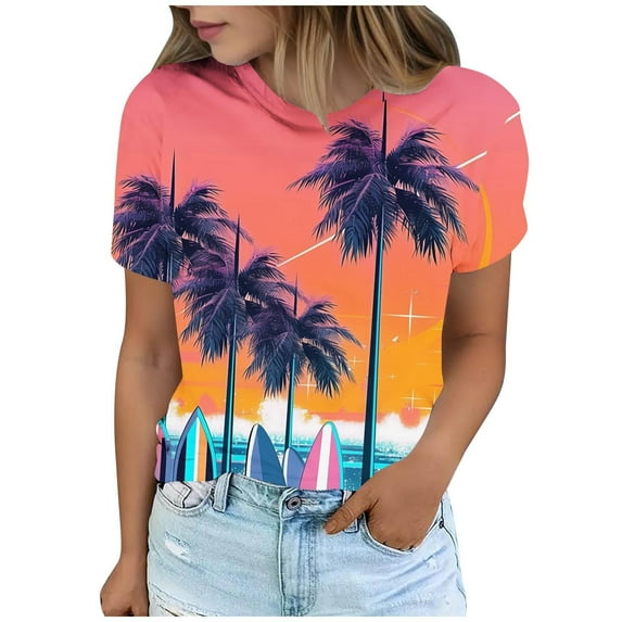 Hvyesh Women Short Sleeve Shirt Casual Hawaiian Graphic Tee 2025 Summer Shirts Loose Fit Crewneck Vacation Blouse