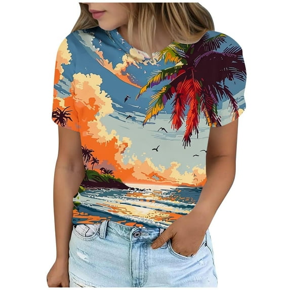 Hvyesh Women Short Sleeve Shirt Casual Hawaiian Graphic Tee 2025 Summer Shirts Loose Fit Crewneck Vacation Blouse