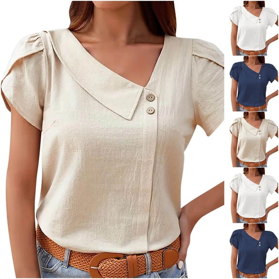 Hvyesh Women Short Sleeve Tshirt Trendy Asymmetrical Neck Button Front Solid Blouse Business Casual Shirt Summer Petal Sleeve Tunic Tops