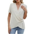 thumbnail image 1 of Hvyesh Women Summer Drape Wrap Front Shirt Short Sleeve V Neck Solid Tops Business Work Blouse Tops Khaki,S, 1 of 8