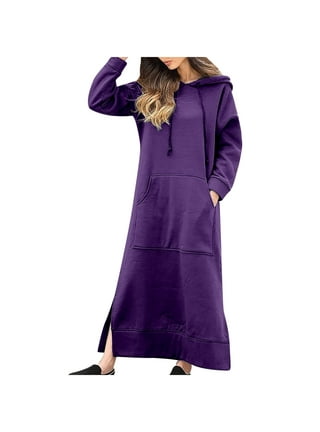 Women Long Sleeve Pullover Hoodie Dress Solid Color Pocket Sweatshirt  Casual Drawstring Loose Midi Dress Plus Size