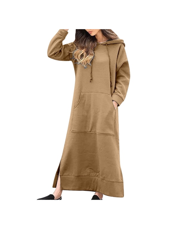 Women Sweatshirt Dresses Long Sleeve Drawstring Hooded Long Dress Classy Plus Size Soild Split Maxi Dress Spring Fall Long Sweatshirt with Kangaroo Pocket
