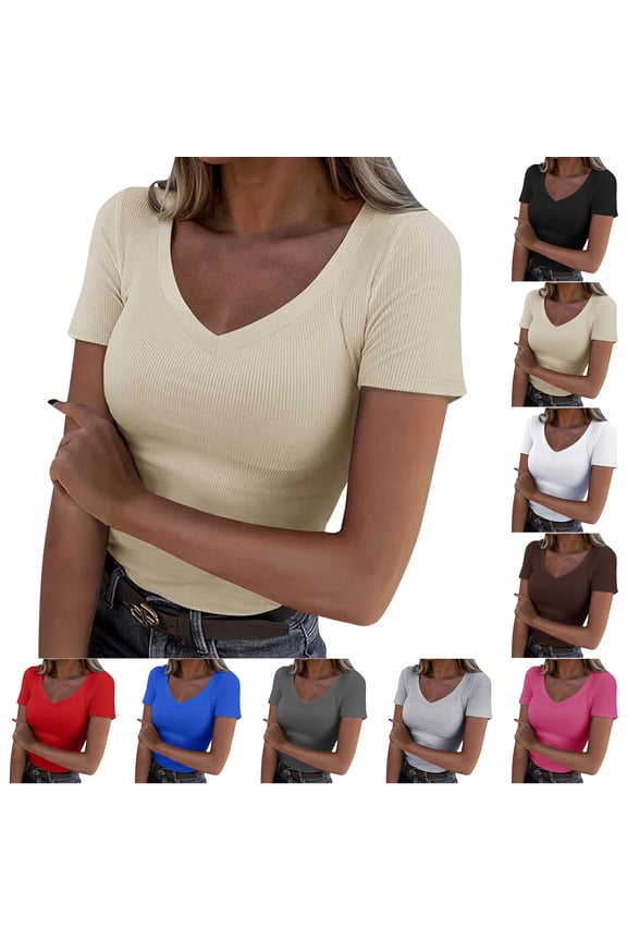 Women V Neck Ribbed Short Sleeve Shirt Slim Fitted Basic Knit Top Trendy Y2k Going Out Blouses