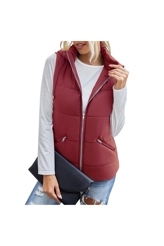 Women Vegan Leather Vest Jackets Trendy Sleeveless Zip Up Thermal Hoodies Jacket Coat Casual Stand-Up Collarr Hooded Waistcoat with Pockets