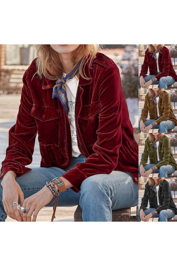 Women Velet Jackets Trendy Zipper Long Sleeve Coats Slim Fit Drawstring Solid Jackets Classic Lapel Work Coat with Pockets