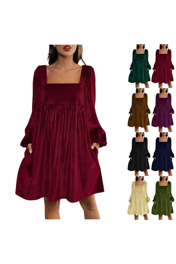 Women Velvet Mini Dress Sqaure Neck Long Sleeve T Shirt Dress Casual Holiday Party Velour Dressess Flowy Pleated Holiday Dresses
