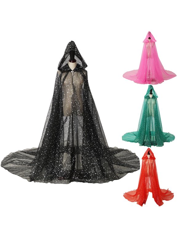 Women Wedding Tulle Hooded Cape Elf Cloak Bridal Dress Robe with Long Train