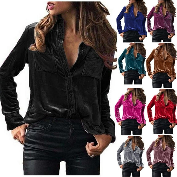 Hvyesh Women Winter Velvet Tshirt Long Sleeve Casual Button Down T-Shirts Trendy Solid Work Tunic Tops with Pockets