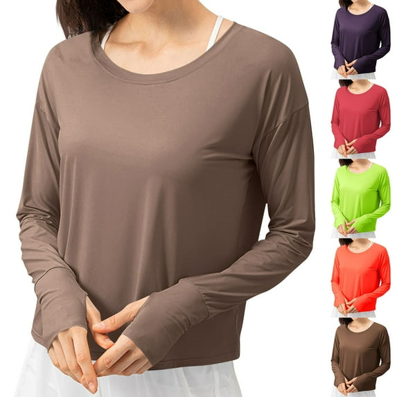 Hvyesh Women Workout Tops Crew-Neck Long Sleeve UPF 50+ Sun Shirt Moisture Wicking Quick Dry Top for Gym Running Athletic