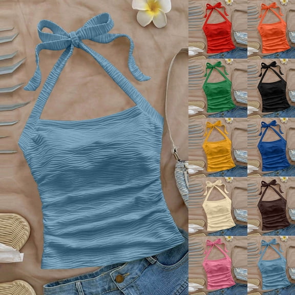 Hvyesh Women Y2k Halter Tops Open Back Ruched Striped Tie Back Sleeveless Shirts Summer Going Out Cami Tops