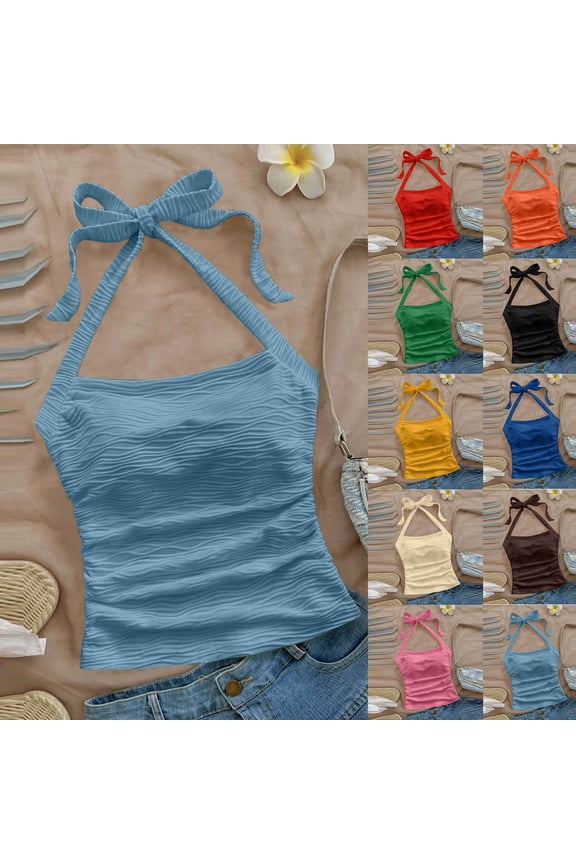 Women Y2k Halter Tops Open Back Ruched Striped Tie Back Sleeveless Shirts Summer Going Out Cami Tops