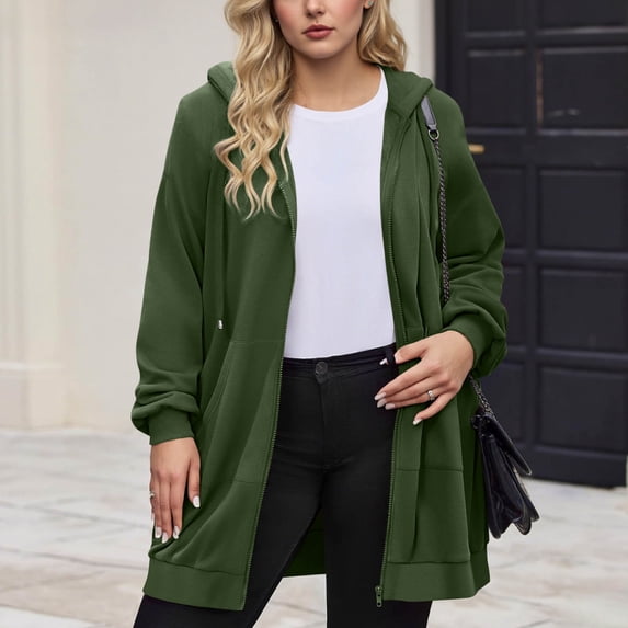 Hvyesh Women Zip Up Hoodies Long Sleeve Spring Tunic Hooded Sweatshirt Oversized Solid Mid Length Jacket With Pockets Fall Coats 2025
