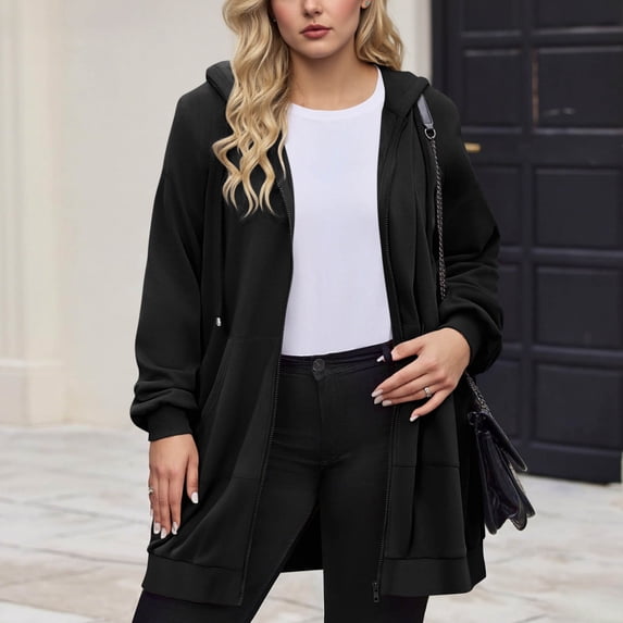 Hvyesh Women Zip Up Hoodies Long Sleeve Spring Tunic Hooded Sweatshirt Oversized Solid Mid Length Jacket With Pockets Fall Coats 2025