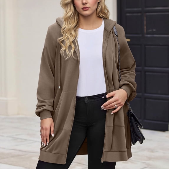 Hvyesh Women Zip Up Hoodies Long Sleeve Spring Tunic Hooded Sweatshirt Oversized Solid Mid Length Jacket With Pockets Fall Coats 2025