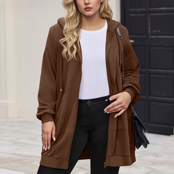 Hvyesh Women Zip Up Hoodies Long Sleeve Spring Tunic Hooded Sweatshirt Oversized Solid Mid Length Jacket With Pockets Fall Coats 2025